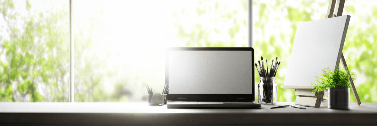 A cozy home workspace with a blank canvas on an easel, a laptop, and jars of paintbrushes, bathed in soft natural light from a large window—evoking the quiet anticipation of a creative project yet to begin.