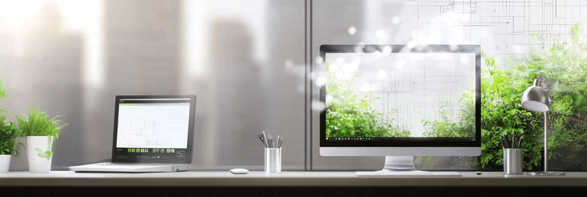 A bright, modern workspace with digital screens and sketched ideas hovering in the air, symbolizing creative collaboration and digital brainstorming.