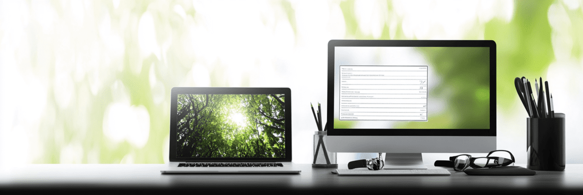 Two computer screens side by side—one showing a natural scene, the other a digital checklist—representing structured yet organic creative collaboration.