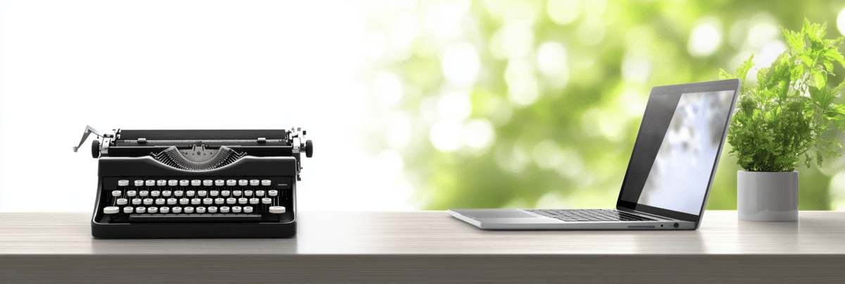 A modern laptop and an old typewriter side by side on a desk, representing the intersection of traditional and digital writing tools.