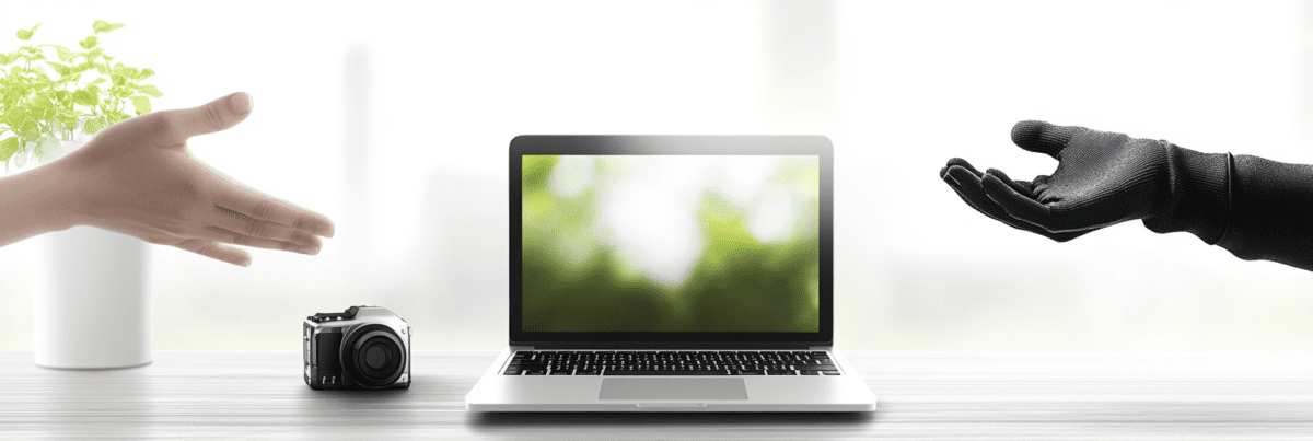 A human hand and a gloved robotic hand reaching toward each other over a laptop, symbolizing collaboration between human and AI