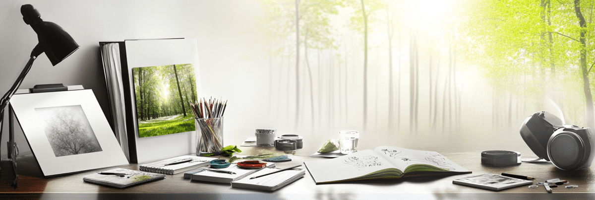 A cluttered creative workspace with open sketchbooks, colored pencils, art tools, and a camera on a wooden desk, with soft light filtering through forest-themed artwork in the background—evoking a sense of rediscovery and evolving ideas.