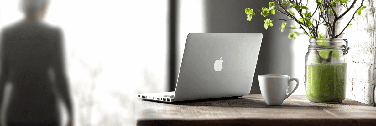 A woman steps away from her writing desk, leaving behind an open laptop and tea, suggesting reflection and quiet closure.