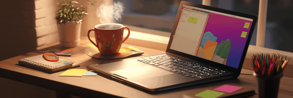 A warm, softly lit workspace with a laptop open to a colorful screen, a steaming mug, scattered notebooks, and sticky notes—inviting a moment of creative focus.