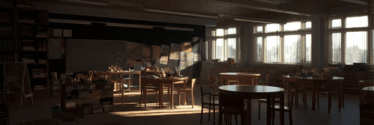 A quiet Swedish classroom after hours, with warm light streaming through windows, empty wooden tables, and shelves filled with art supplies and books.