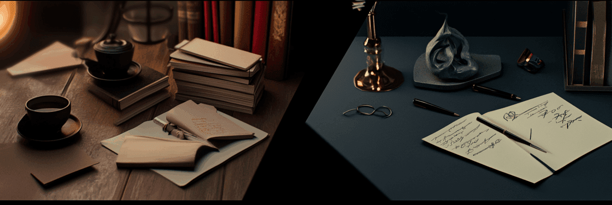 Two contrasting creative desks—one soft and dreamy, the other bold and sharp—representing different writing voices.