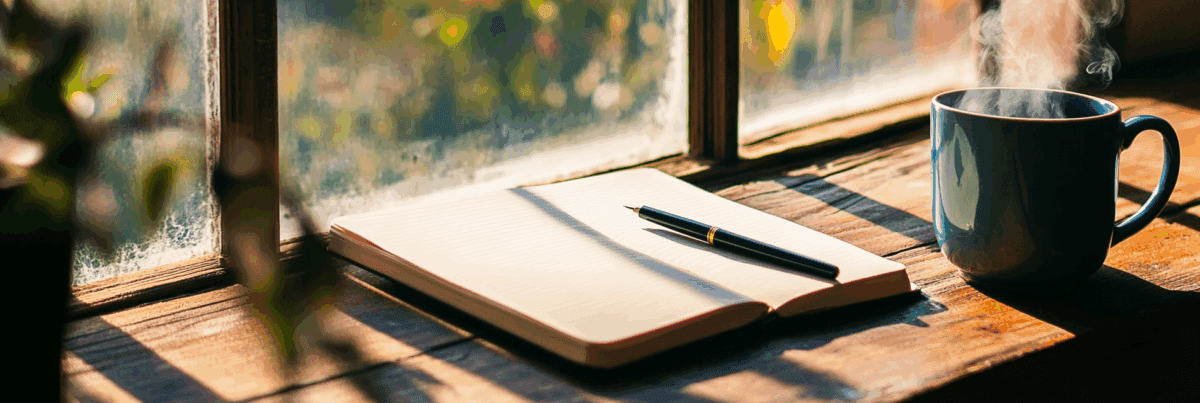 An open notebook and pen on a wooden desk by a window, with soft light and a warm mug—capturing a quiet moment of reflection.