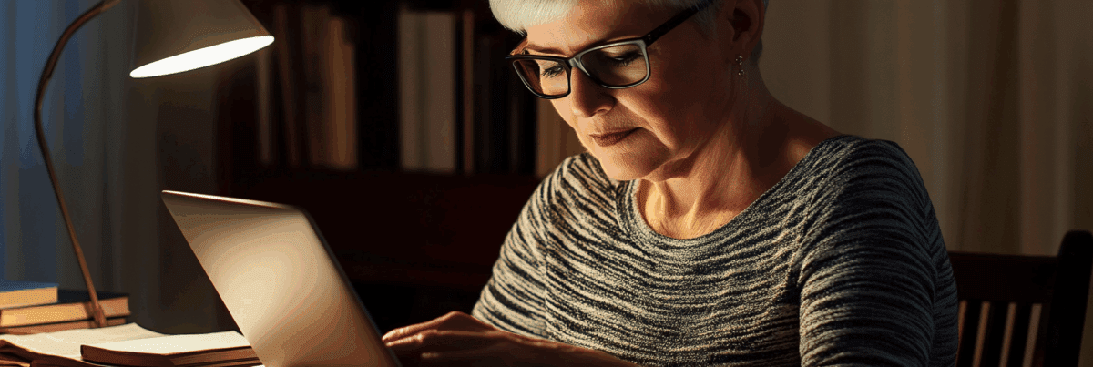 A white-haired woman in her 60s, wearing glasses and a striped top, sits at a desk in warm evening light. She’s focused on her laptop, surrounded by books and notes, under the soft glow of a desk lamp. A quiet moment of reflection and learning.