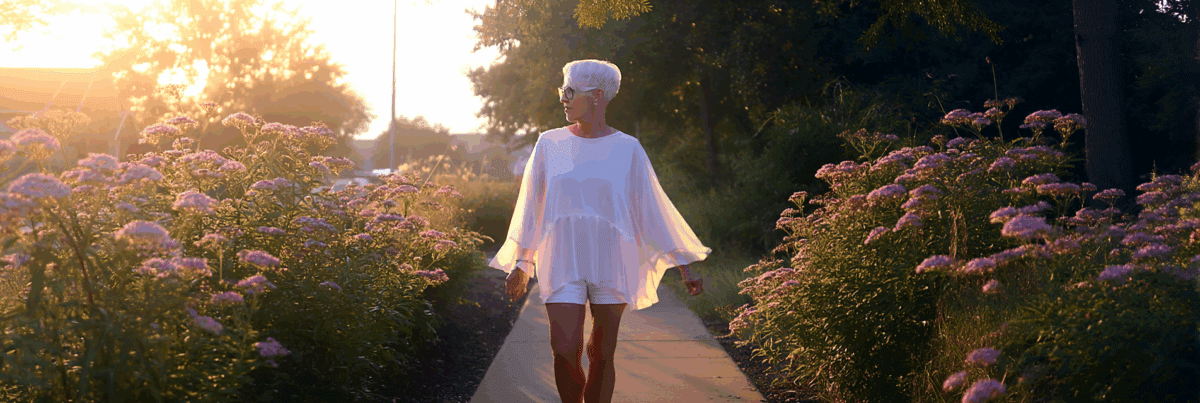 A white-haired woman with glasses walks along a garden path at sunrise, surrounded by soft pink flowers and golden morning light.