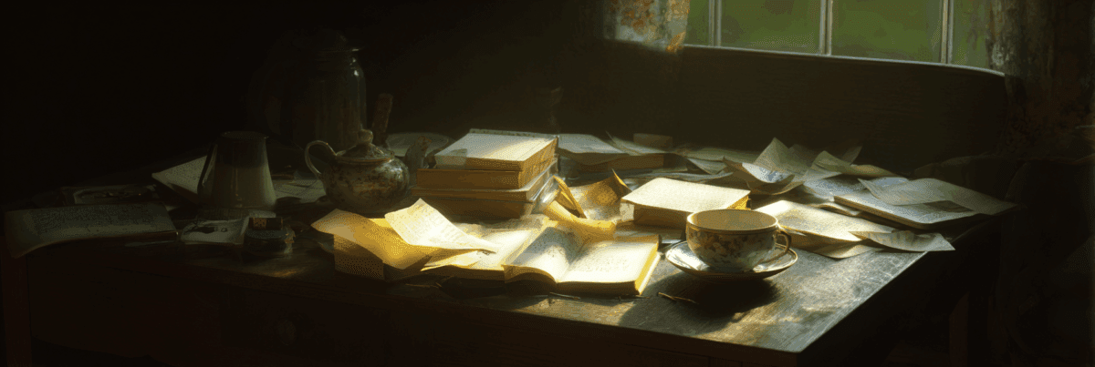 A wooden table bathed in early morning light, covered with handwritten notes, open books, and a floral teacup. The scene feels quietly overwhelmed yet peaceful, evoking the calm chaos of creative overflow.