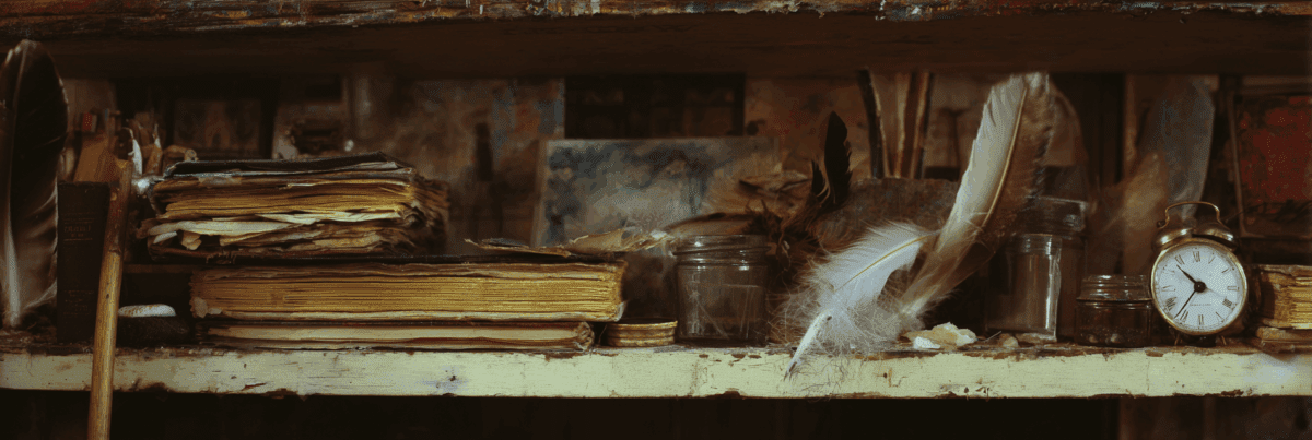 A weathered studio shelf filled with old books, feathers, glass jars, and a vintage clock. The scene evokes quiet time, forgotten potential, and the quiet dignity of unfinished things.