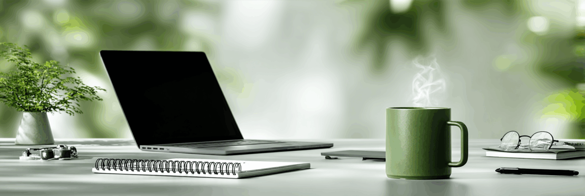 A creative desk scene with an open notebook filled with handwritten notes, a laptop displaying a design program, and a digital tablet on a rustic wooden surface. Bright sticky notes, colored pencils, and stacked books are scattered across the desk, with sunlight casting soft shadows.