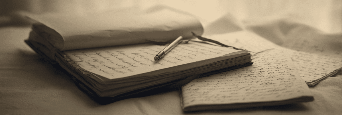 An old journal lies open on soft fabric, pages filled with cursive handwriting and a silver pen resting across them, with loose sheets scattered nearby in warm sepia tones.