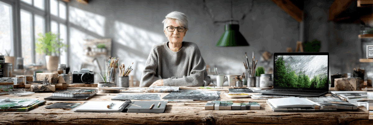 An older woman with short white hair and glasses sits at a wide rustic table covered in art supplies—paintbrushes, notebooks, jars, a laptop, and a camera—inside a bright studio with plants and large windows.