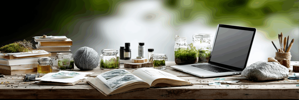 A cluttered wooden desk with stacks of books, jars filled with moss and plants, a ball of gray yarn, an open sketchbook with painted pages, a laptop, and brushes in a holder, set against a soft green background.