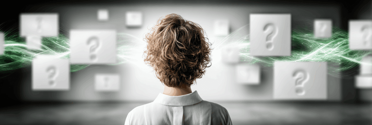 A person viewed from behind, standing in front of a wall of floating panels each marked with question marks, with streams of green digital light connecting them—symbolizing curiosity and AI-powered exploration.