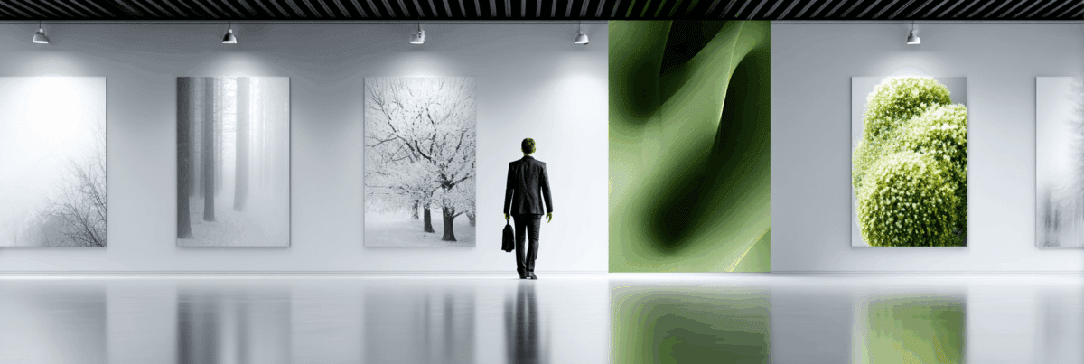 A person in a suit walks through a modern art gallery, carrying a briefcase, surrounded by large paintings—some realistic, some abstract—suggesting a meeting of traditional and digital creativity.