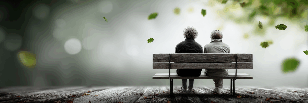 Two people sit side by side on a wooden bench, viewed from behind, surrounded by falling autumn leaves. The background is softly blurred, creating a calm, reflective atmosphere.