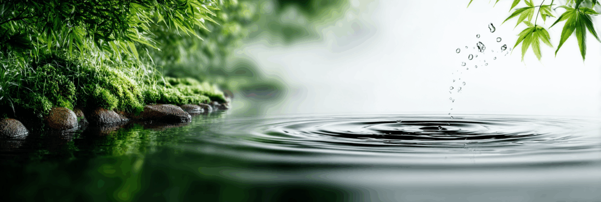 Close-up of water ripples spreading outward as droplets fall, surrounded by lush green leaves and mossy stones.