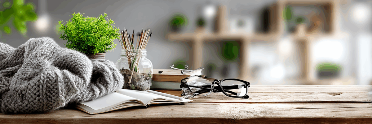 A cozy wooden desk with a gray knitted blanket, an open notebook, a jar of paintbrushes, stacked books, eyeglasses, and a small potted plant, softly lit with shelves blurred in the background.