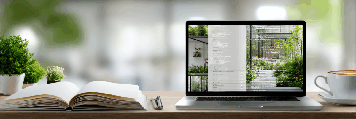 An open book and a laptop on a desk beside a coffee cup and small potted plants, the laptop screen blending lines of code with a lush green garden scene—illustrating learning, experimentation, and discovery.