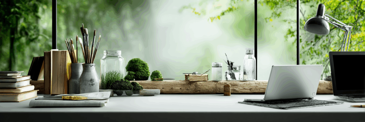 A bright, airy studio desk set against a large window with greenery outside, filled with books, jars of brushes, notebooks, plants, and laptops, showing the coexistence of analog and digital tools.
