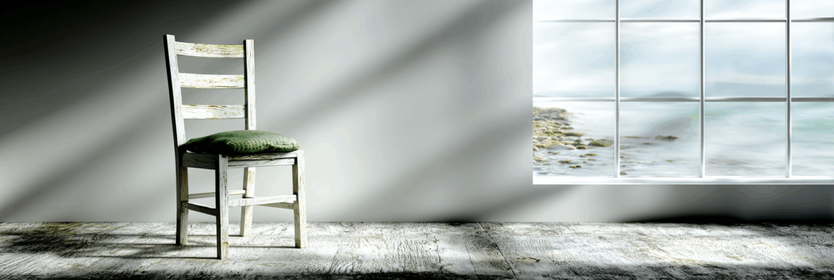 An old wooden chair with a green cushion sits in front of a bright window. Sunlight streams in, casting shadows across the worn wooden floor, while the view outside shows a calm shoreline with rocks and waves.