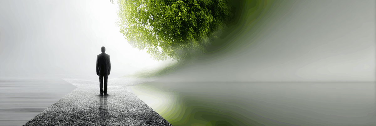 A solitary figure stands at a crossroads, one path leading into bright sunlight framed by a large green tree, the other fading into fog. The scene suggests reflection and the weight of choice.