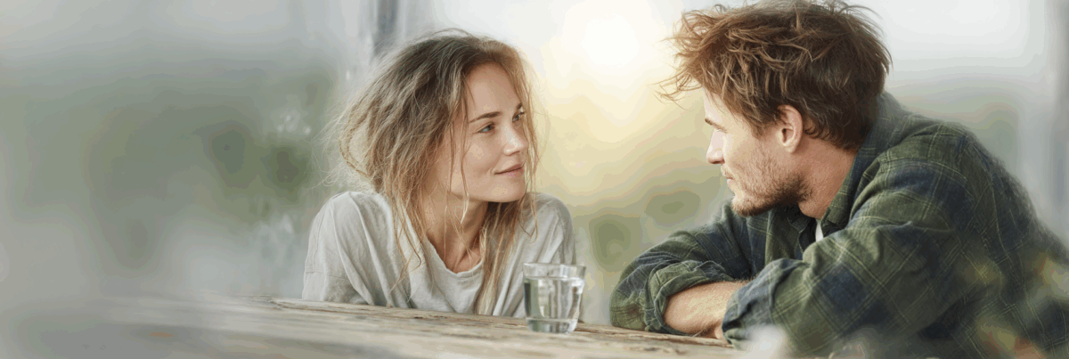 A woman and man sitting across from each other at a wooden table, sunlight soft behind them, sharing a quiet, thoughtful conversation.