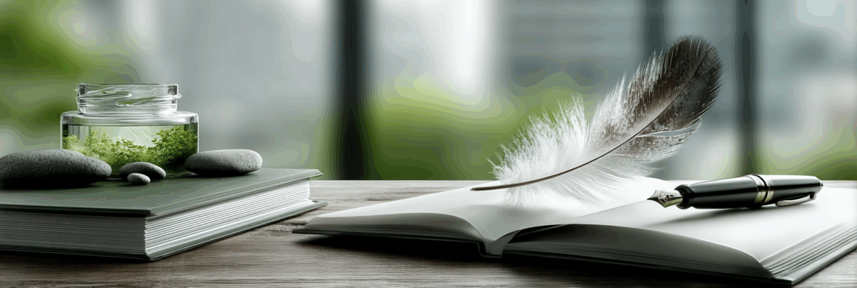 An open notebook with a black fountain pen and a white feather resting across its pages. Nearby are smooth gray stones and a glass jar filled with greenery, set on a wooden desk with blurred city buildings in the background.