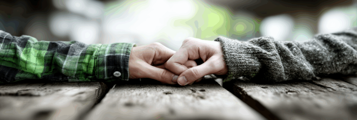Two hands gently holding each other across a rustic wooden table, one in a green flannel shirt, the other in a gray knit sweater, symbolizing trust and connection.