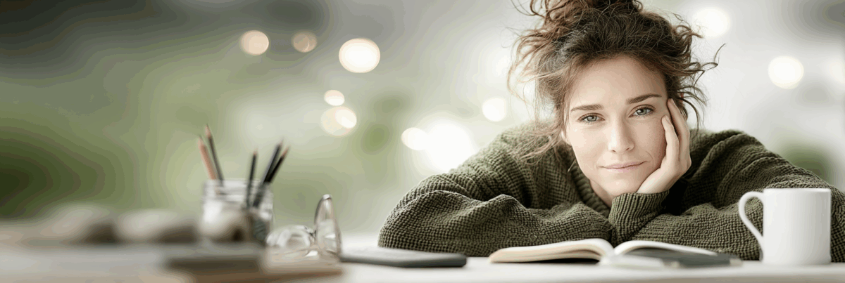 A woman rests her chin on her hand beside an open notebook and a cup of coffee. Soft light and blurred background create a calm, reflective mood.