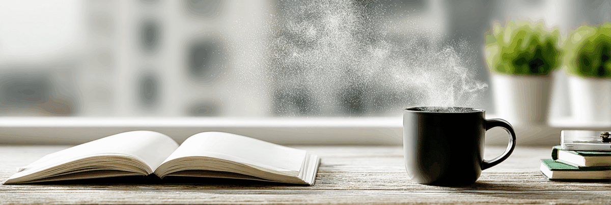Alt text: An open notebook and a steaming mug sit on a wooden desk by a bright window, dust or steam particles catching the light, suggesting stillness and quiet focus.