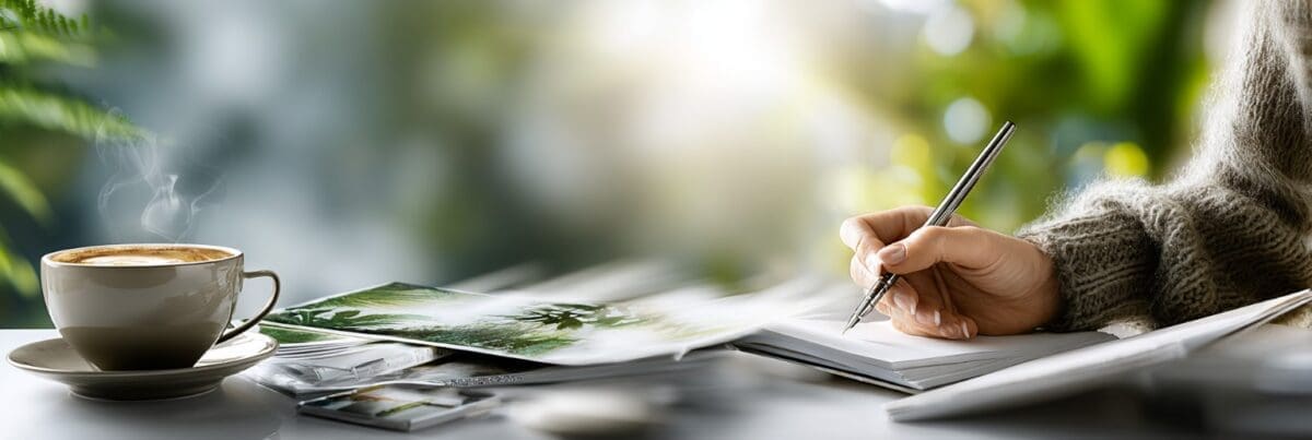A hand writes in an open notebook beside a steaming cup of coffee on a bright table surrounded by greenery. The soft focus and warm light create a calm, creative workspace mood.