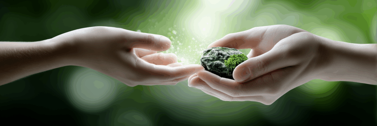 Two hands meet in a gesture of exchange: one offers a small moss-covered stone, the other receives it. Soft green light surrounds them, symbolizing trust, care, and the passing of something meaningful.