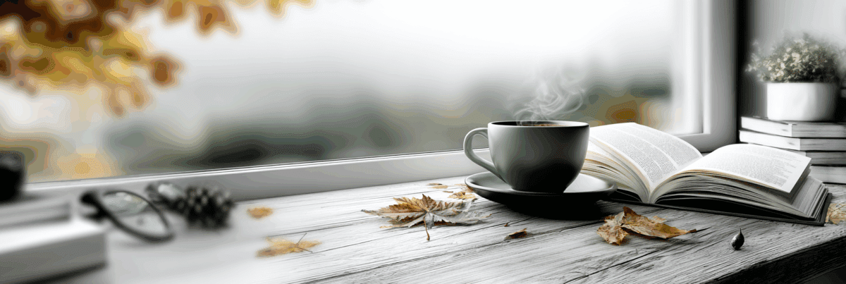 A calm autumn morning seen through a window, with a cup of tea and an open notebook catching the soft light.
