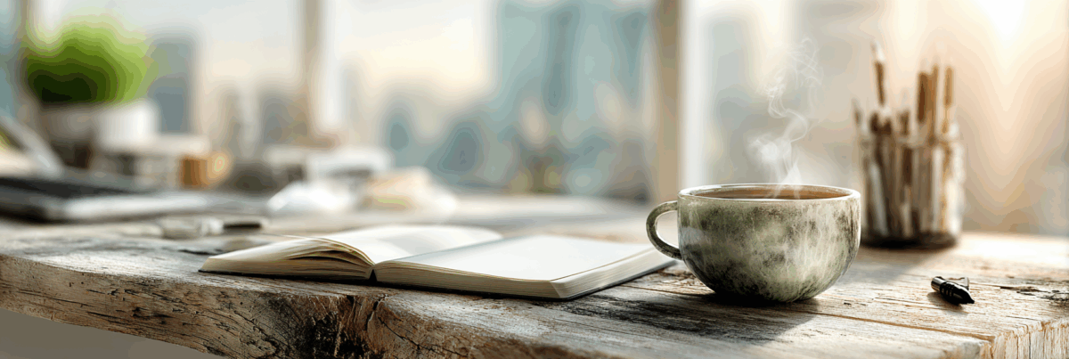 A steaming cup of coffee sits beside an open notebook on a rustic wooden desk, morning light filling the room with quiet warmth.