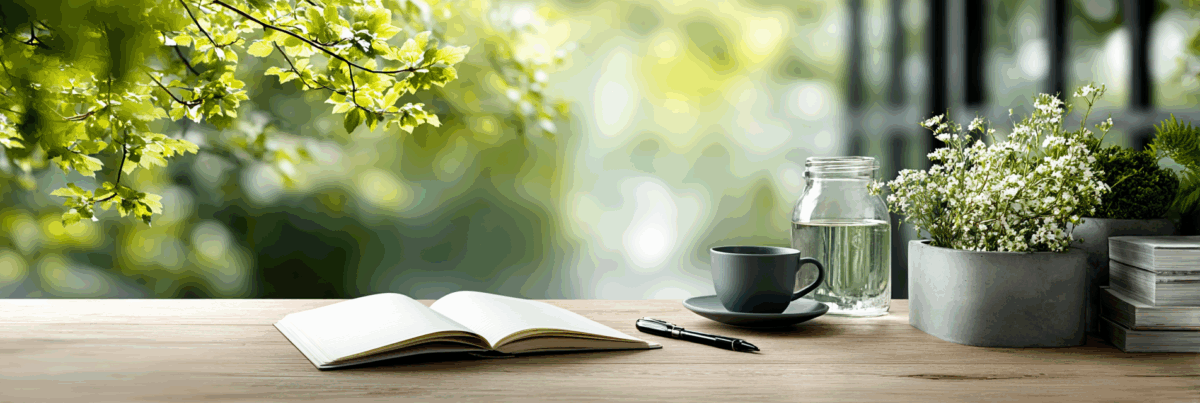 An open notebook and a cup rest on a sunlit wooden table surrounded by greenery and small white flowers, creating a peaceful outdoor workspace.