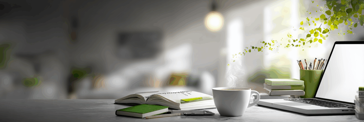 A quiet workspace scene with a steaming cup of coffee beside open notebooks, a laptop, and a pencil holder filled with brushes and pens. Sunlight filters through leaves, blending the natural world with creative order. The atmosphere feels peaceful, grounded, and gently inspiring.