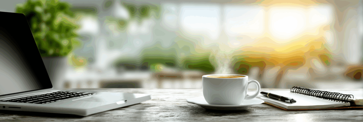 A bright morning workspace with a laptop, notebook, and steaming cup of coffee on a wooden desk. Sunlight filters through green plants in the background, creating a calm, focused atmosphere that suggests the start of a creative day.