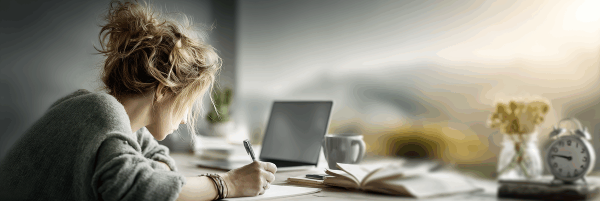 A woman with loose hair leans over her desk, writing beside an open laptop and coffee cup. Morning light glows through a window, illuminating a small clock and vase of dried flowers. The moment feels peaceful and absorbed in creative flow.