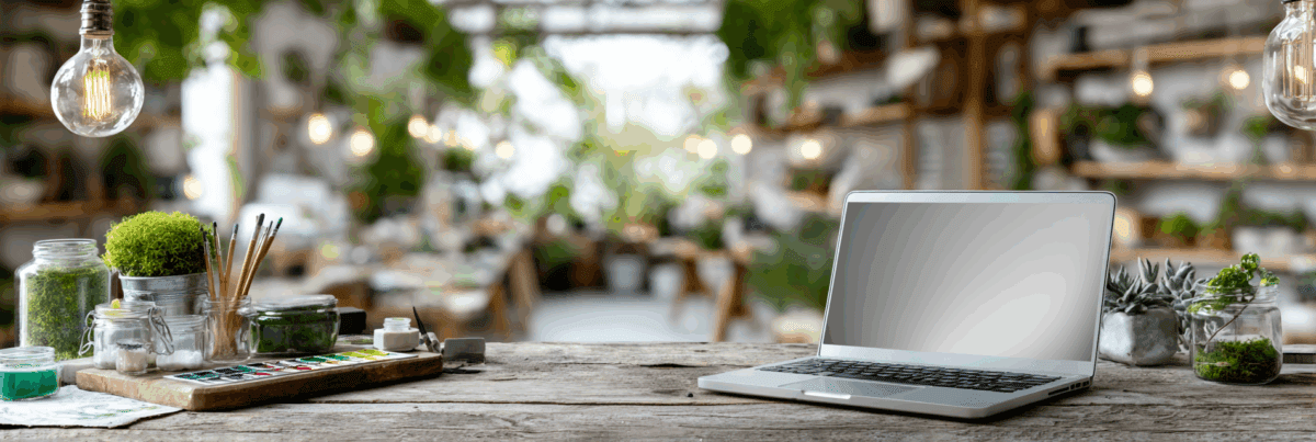 A calm workspace with a laptop, art materials, and soft evening light.