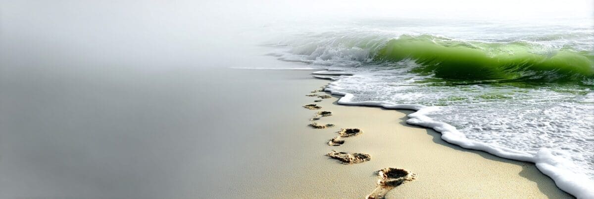 Footprints trail along a misty shoreline as gentle waves wash over the sand, capturing a quiet rhythm of motion and return.
