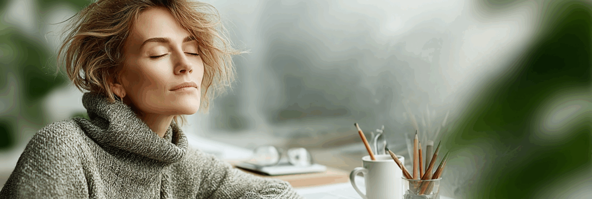 A person with short, light hair sits by a bright window with eyes closed, wearing a cozy gray sweater. Paintbrushes and pencils rest in a mug nearby, creating a calm feeling of rest and quiet reflection.