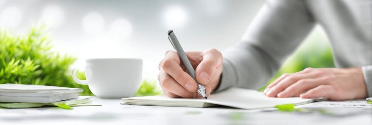 A close-up of a person’s hand writing in an open notebook beside a white coffee cup and a small stack of books. Soft natural light and green plants in the background create a calm, focused atmosphere.