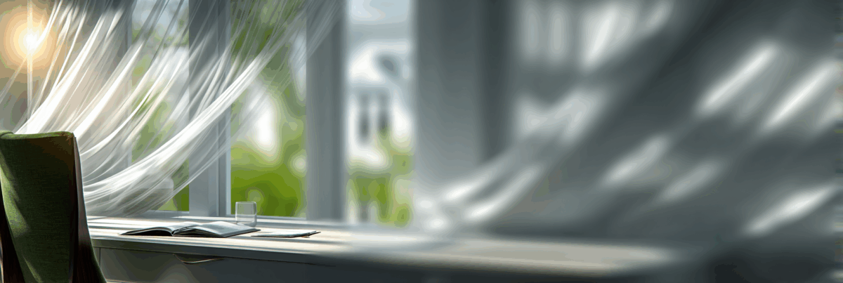 A quiet desk by a large window with sheer curtains flowing in the breeze. An open notebook and glass of water rest in soft sunlight, creating a calm and reflective atmosphere.