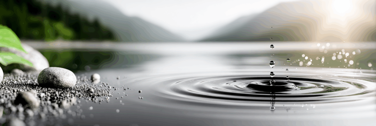 A single droplet hits the surface of a still lake, sending ripples across the water under soft sunrise light.
