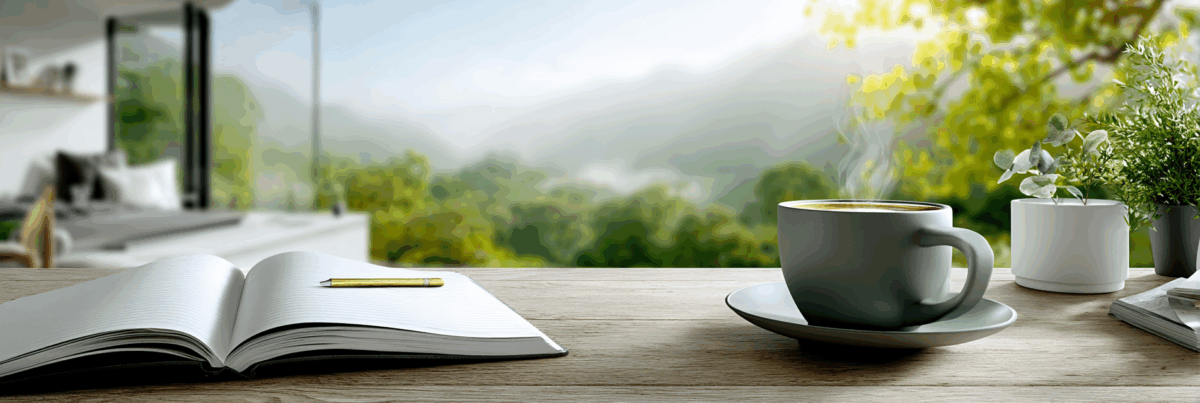 An open notebook and steaming cup of coffee on a wooden table with lush green scenery outside. Sunlight fills the space, evoking a peaceful sense of morning reflection and creative pause.