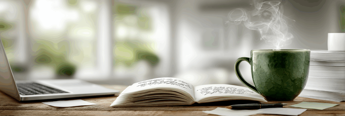 An open notebook filled with handwritten notes sits on a wooden desk beside a laptop, loose paper slips, and a steaming green mug. Soft daylight filters through a blurred window in the background, creating a warm, thoughtful workspace.