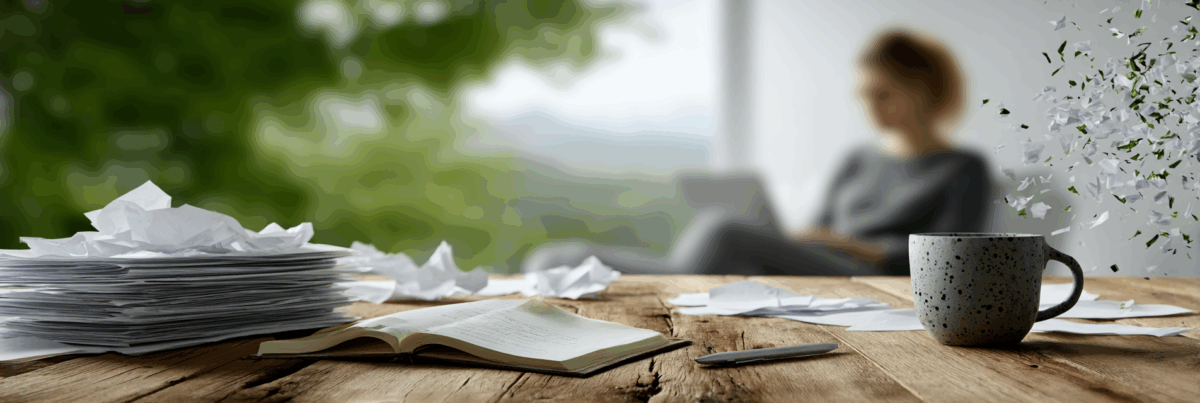 A wooden desk covered in crumpled papers, an open notebook, and a speckled mug sits in the foreground. In the blurry background, a person works quietly on a laptop near a window with soft greenery outside.